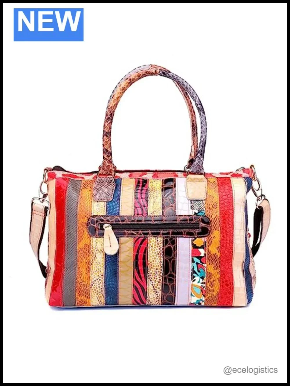 Genuine Cow Leather Multicolor 3D Flowers Stitching Snake Texture Satchel